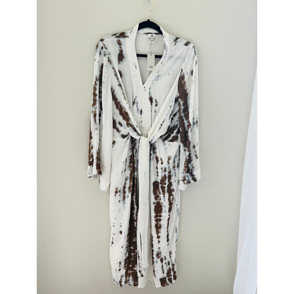 River Island size 16 Cali Tripper Tie Dye Midi Dress White Brown Blue Front Tie